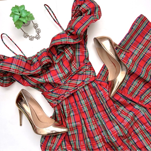 Vintage 1970s Red Royal Stewart Tartan Plaid Ruffle Off Shoulder Maxi Dress XS - Picture 1 of 15